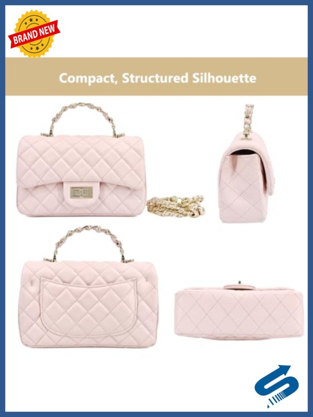 Quilted Cow Leather Crossbody Bag with Gold-Tone Handle Chain Strap - Picture 2 of 6